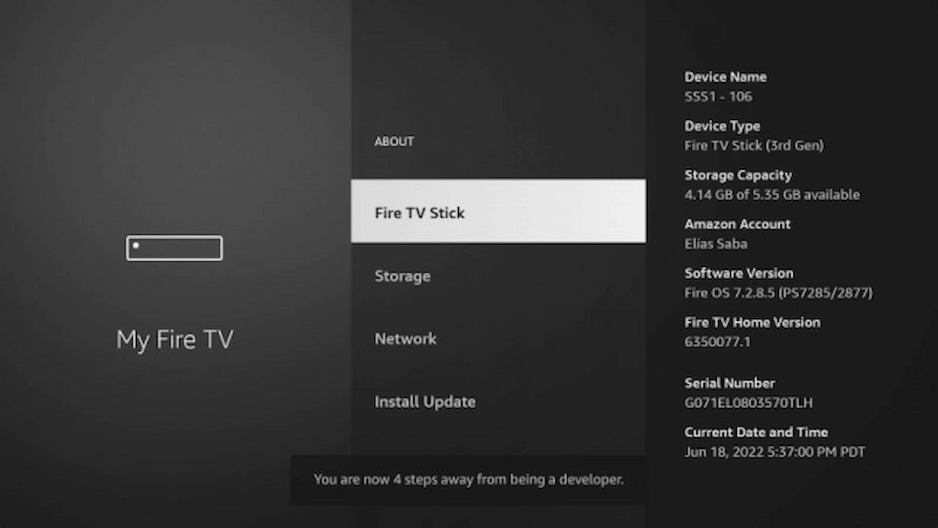 Firestick Settings → My Fire TV highlighted for enabling developer options