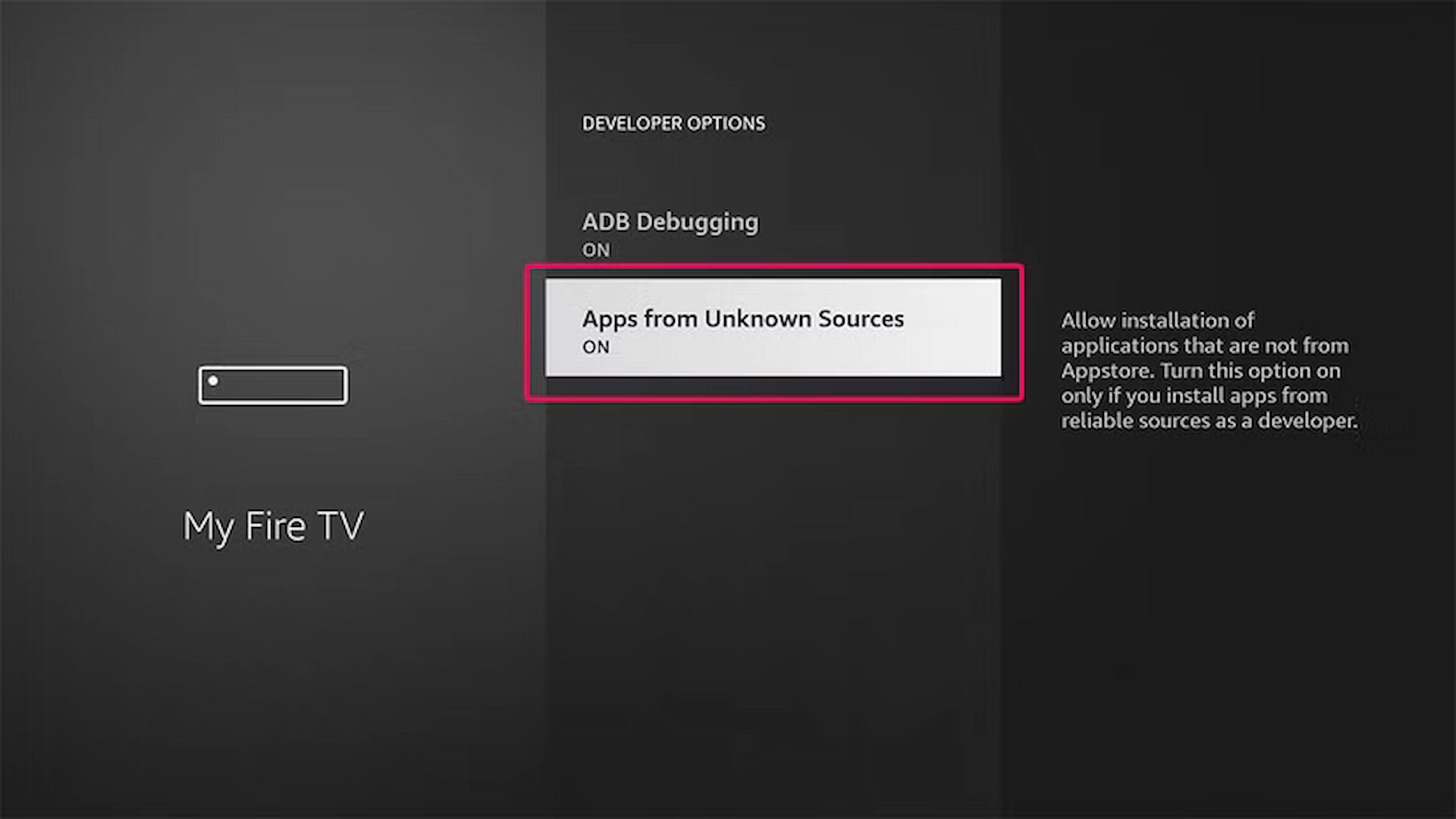 Unknown Sources enabled for Downloader under Developer Options