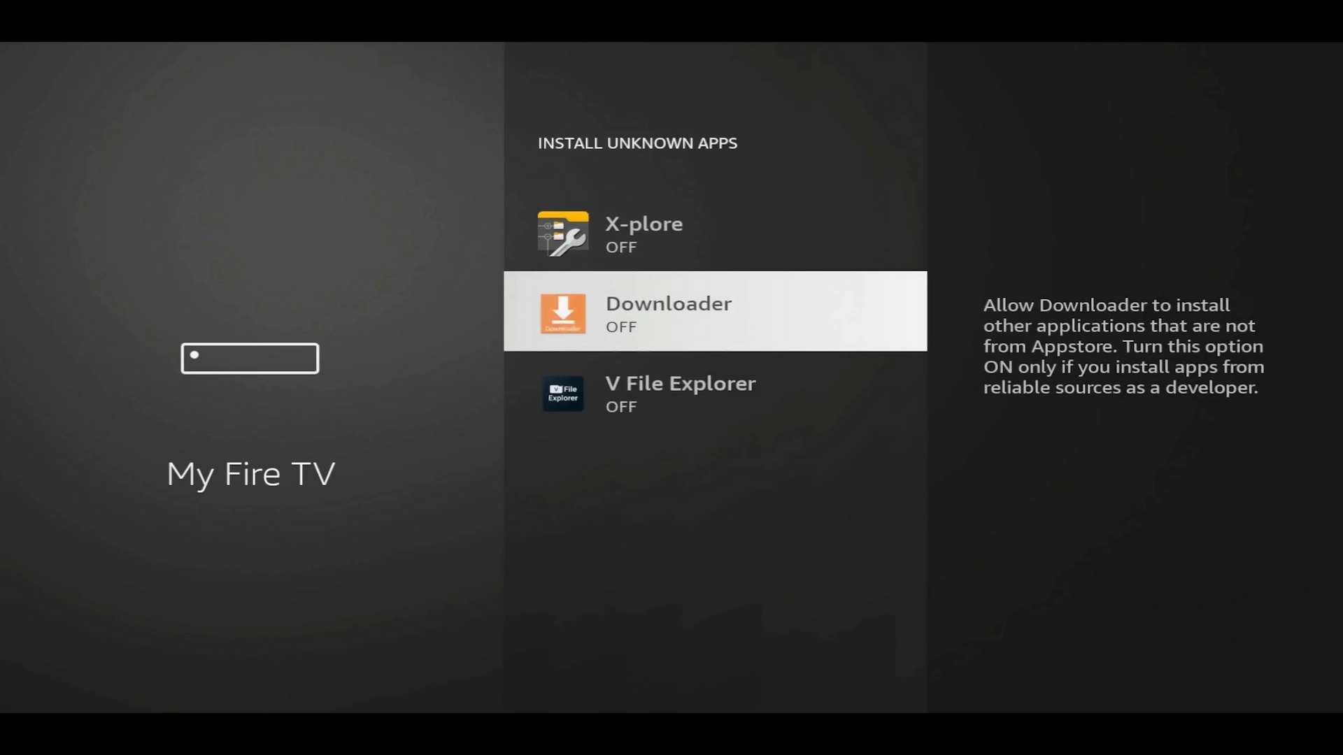 Downloader listed under Developer Options before enabling unknown sources