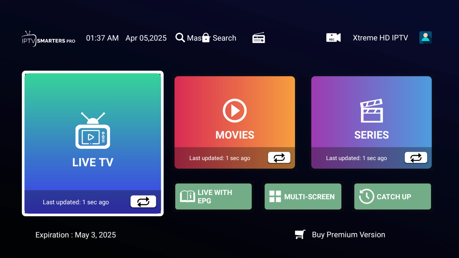 IPTV Smarters Pro home screen with Live TV Movies Series and EPG