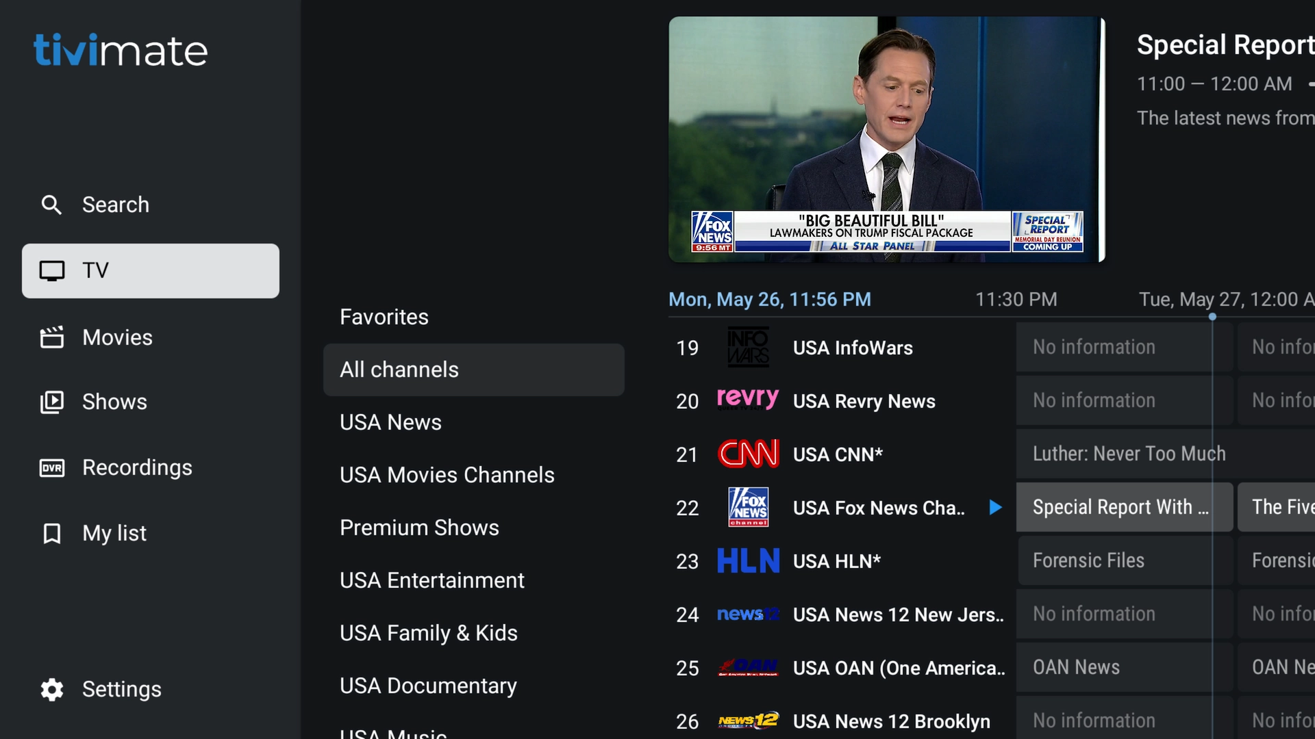 TiviMate IPTV Player left menu showing Live TV, Movies, and Series