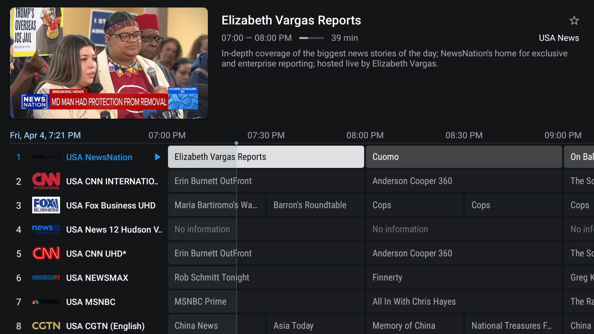 Full-screen EPG guide for Live TV in TiviMate