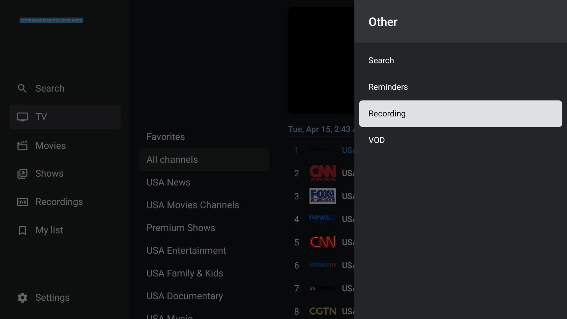 TiviMate Recording settings screen showing folder selection