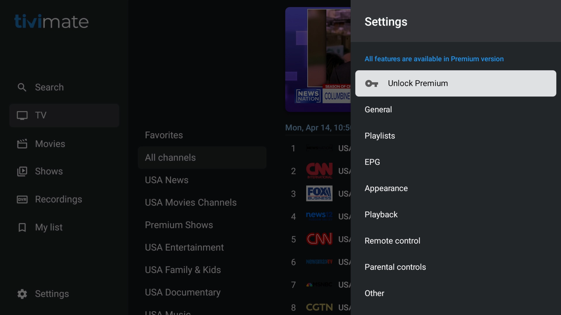 TiviMate Settings menu showing Unlock Premium option